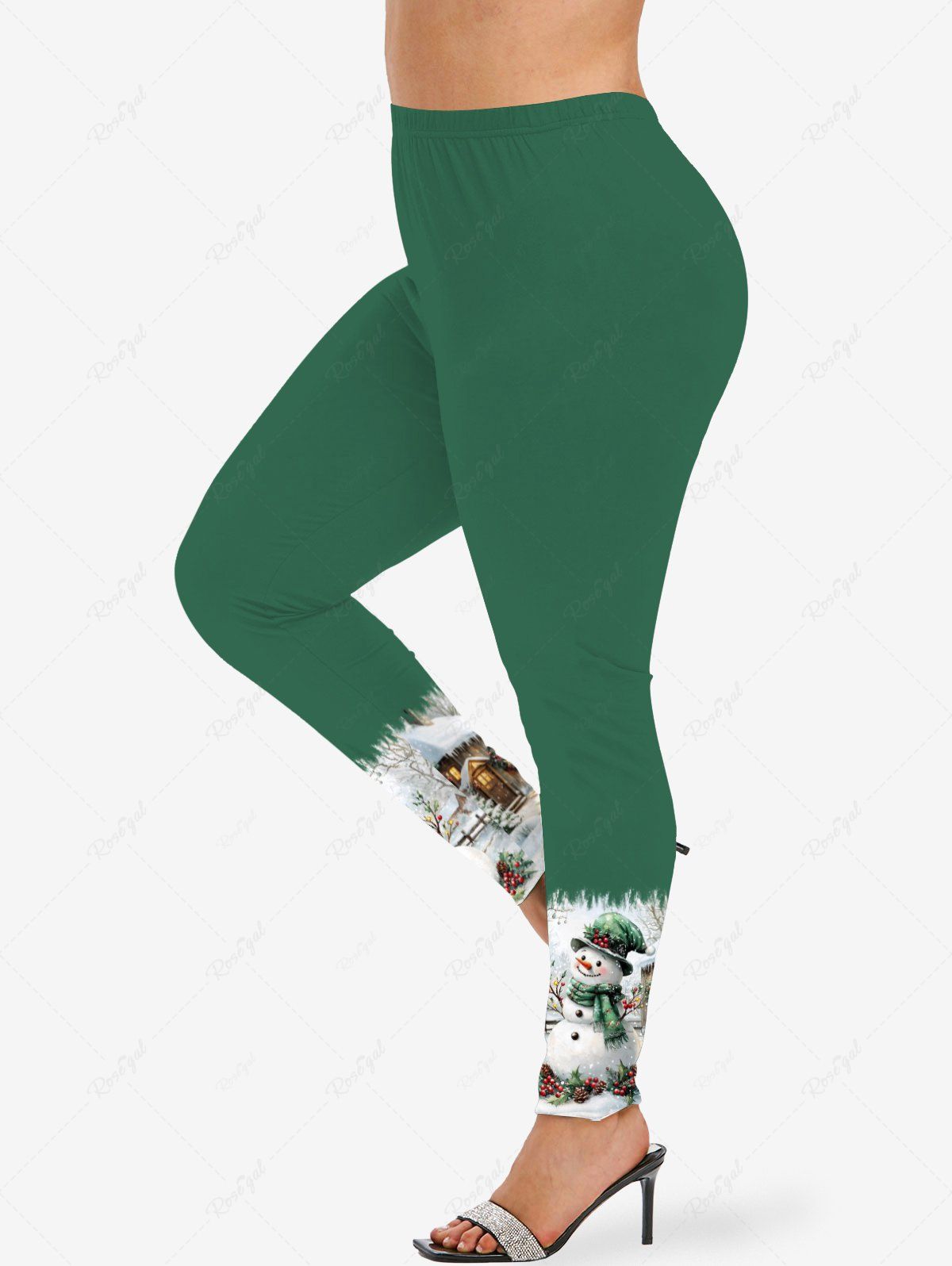 Leggings skinny grande taille à imprimé bonhomme de neige et houx de Noël Vert XS