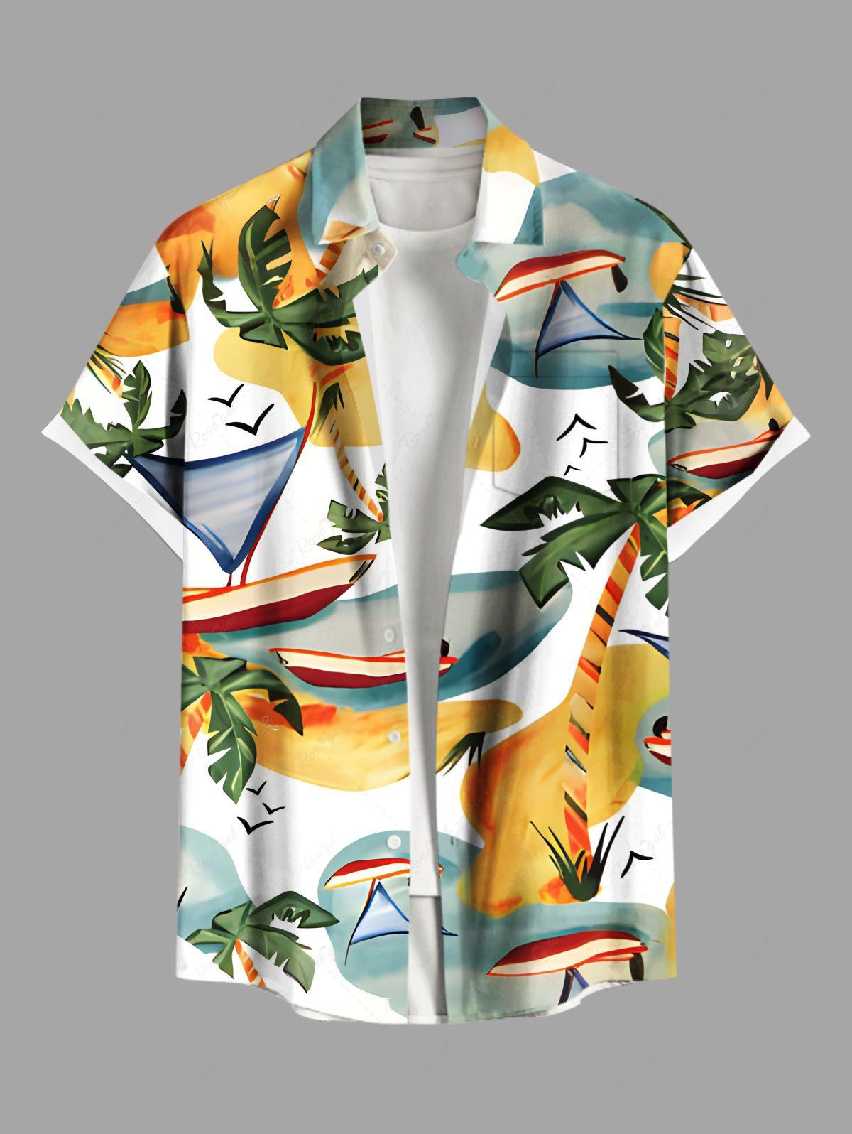 Chemise hawaïenne grande taille à imprimé cocotiers et oiseaux, avec poches boutonnées, pour homme Jaune 5XL