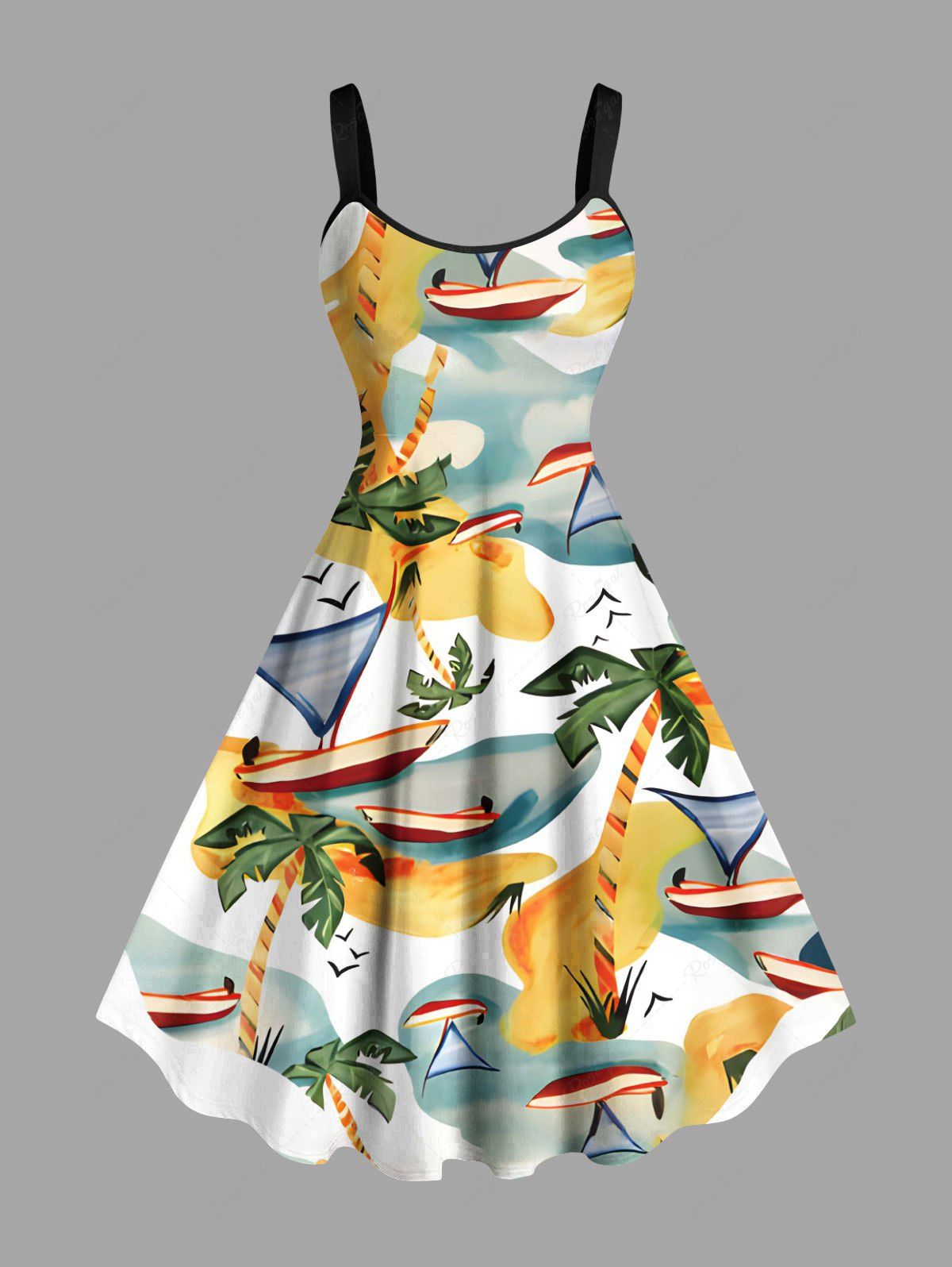 Robe trapèze hawaïenne grande taille à imprimé cocotiers et oiseaux Jaune XXS