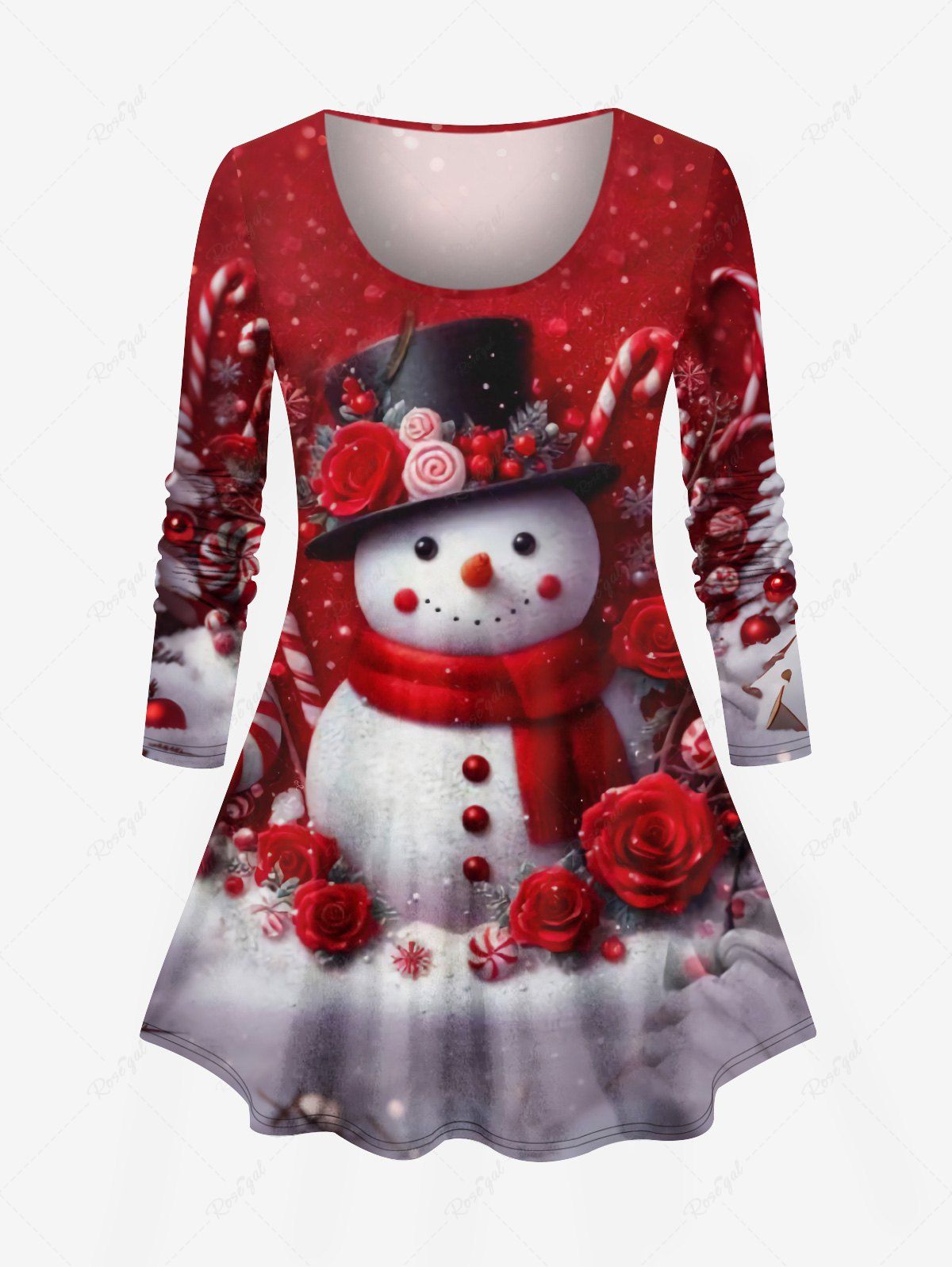T-shirt de Noël grande taille à manches longues pour femme, imprimé flocon de neige, bonhomme de neige, fleurs et bonbons Rouge XS