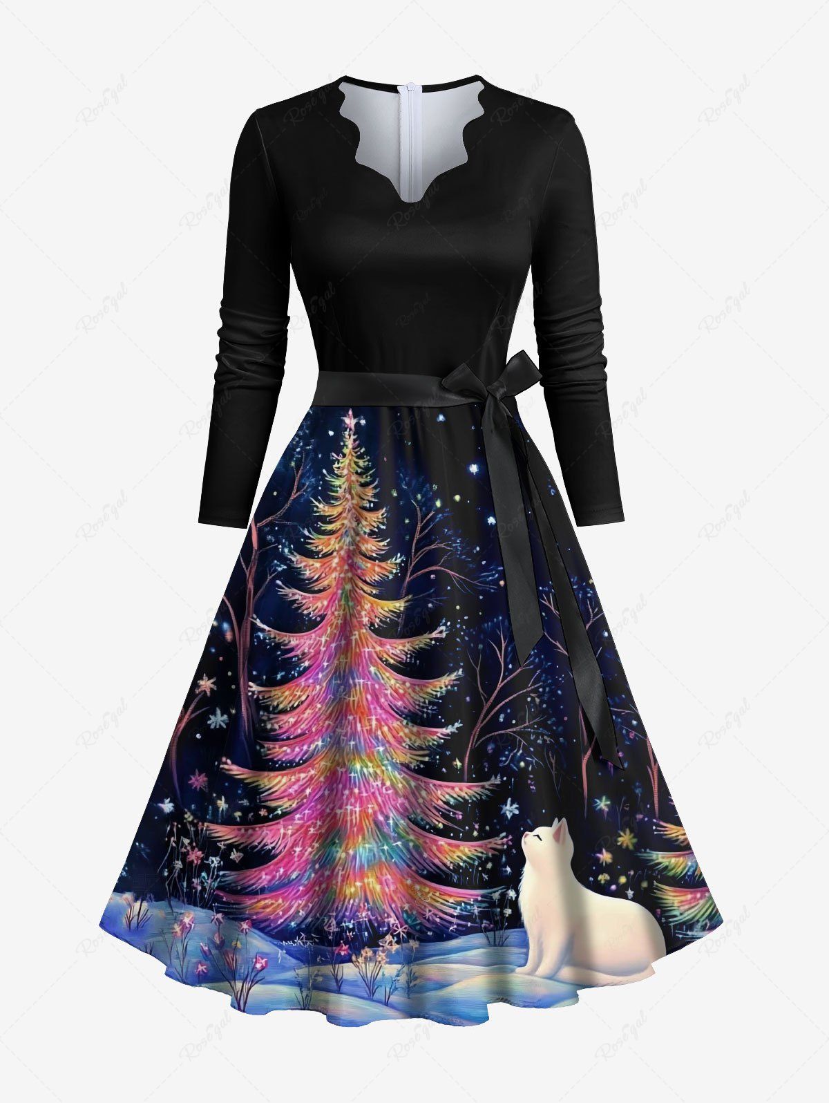 Robe trapèze grande taille à imprimé sapin de Noël, chat, lune, galaxie, paillettes colorées, col festonné, ceinture amovible Noir L