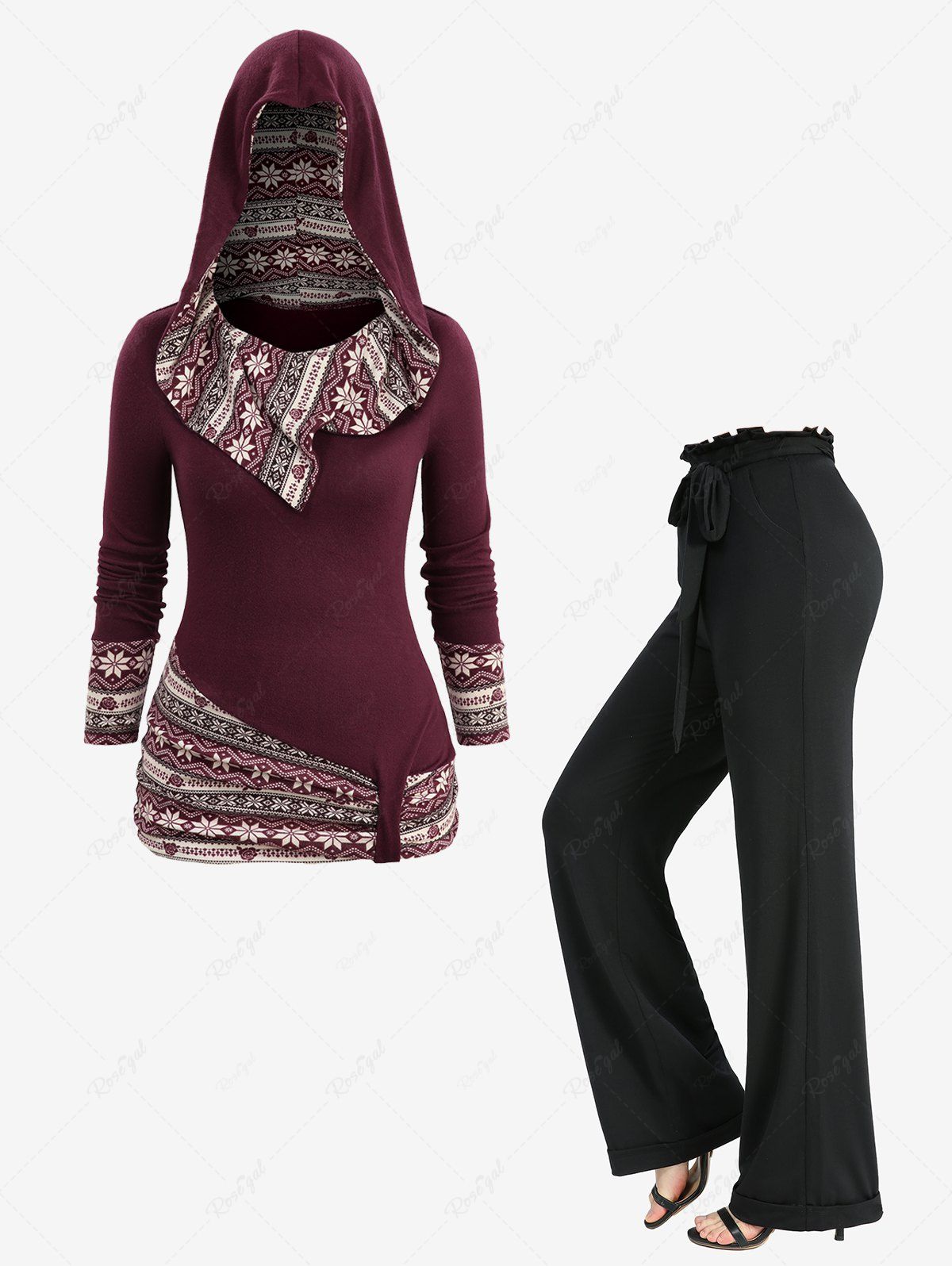 Shops Ethnic Floral Print Asymmetrical Hooded Top and Solid Color Ruffles Waist Pants Plus Size Outfit  