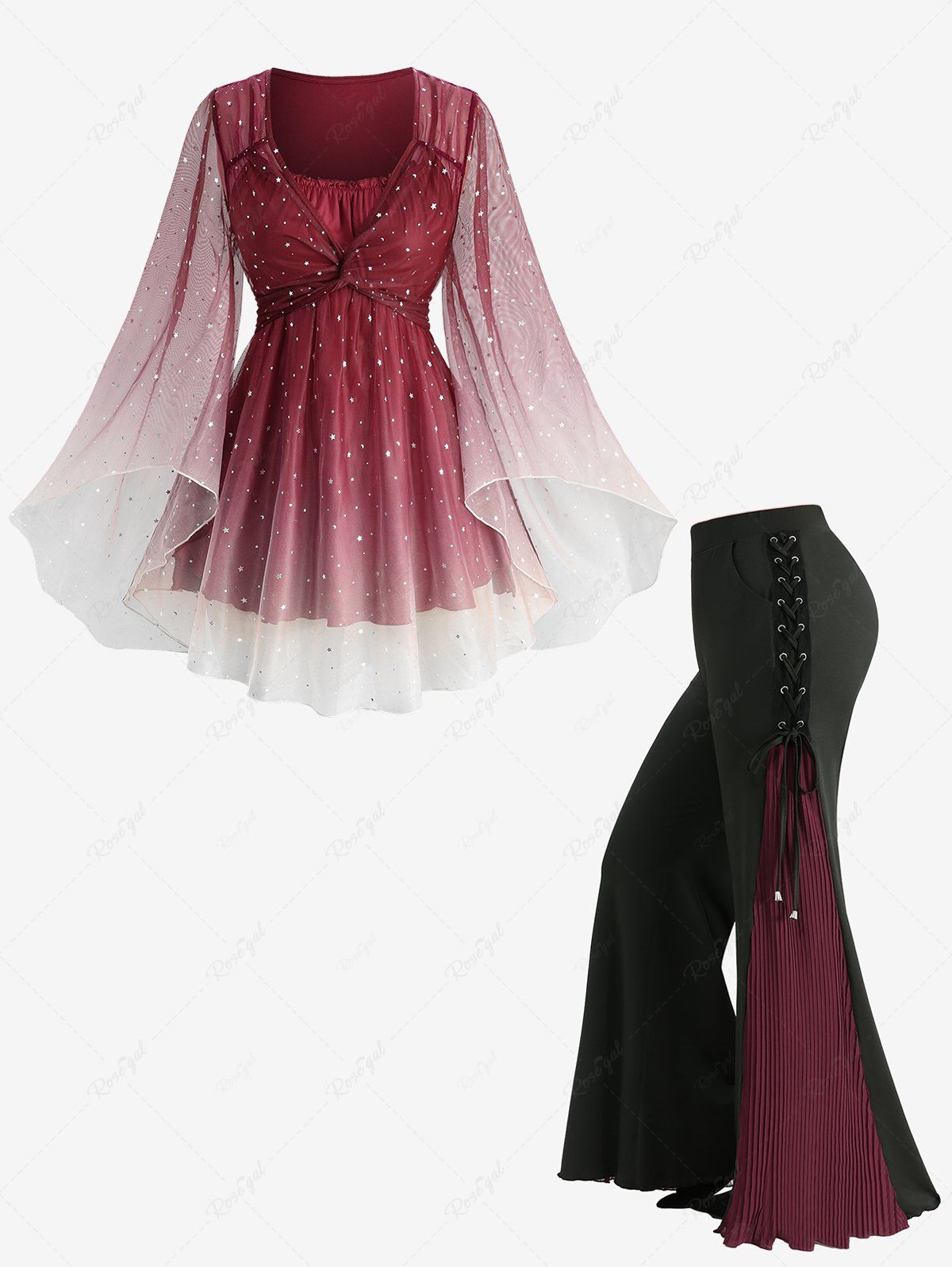 Best Stars Silver Stamping Ombre Print Mesh Twist Flare Sleeves Top and Lace Up Pleated Flare Pants Plus Size Outfit  