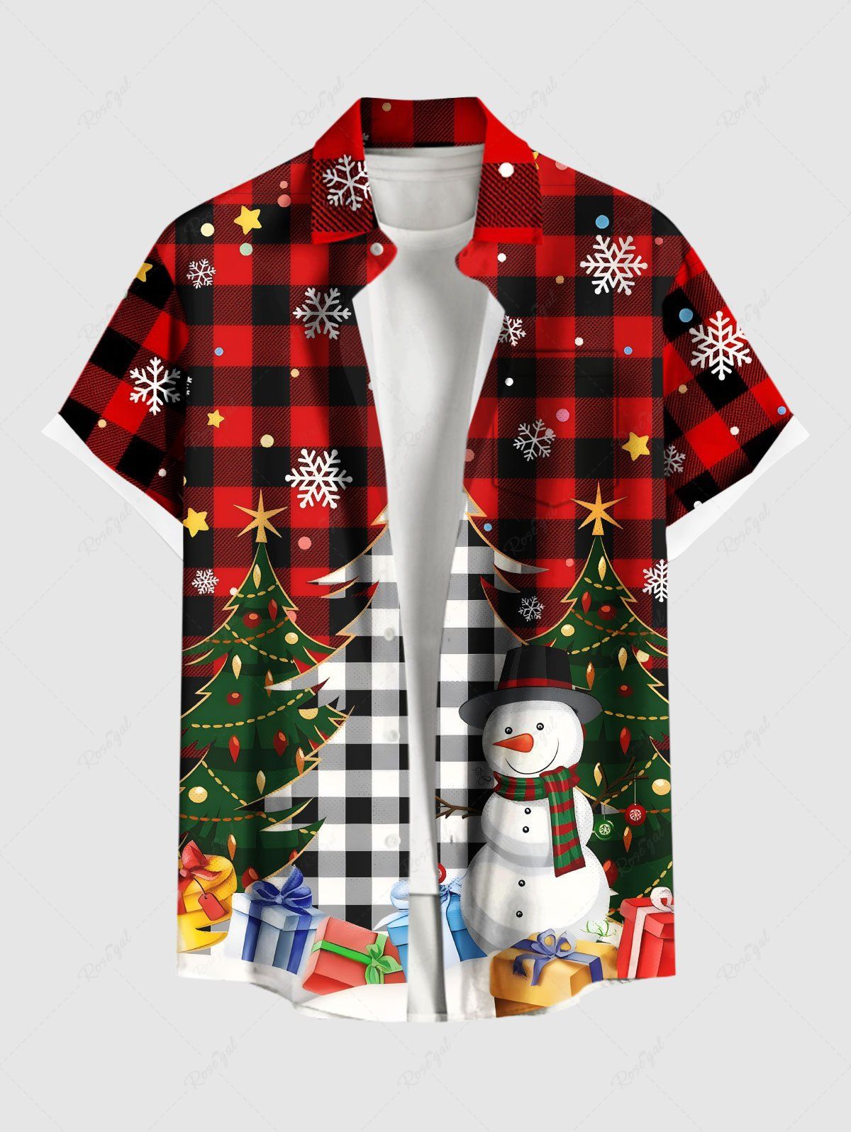 Chemise grande taille à imprimé écossais, sapin de Noël, bonhomme de neige, flocon de neige, boutons et poche pour homme Rouge S