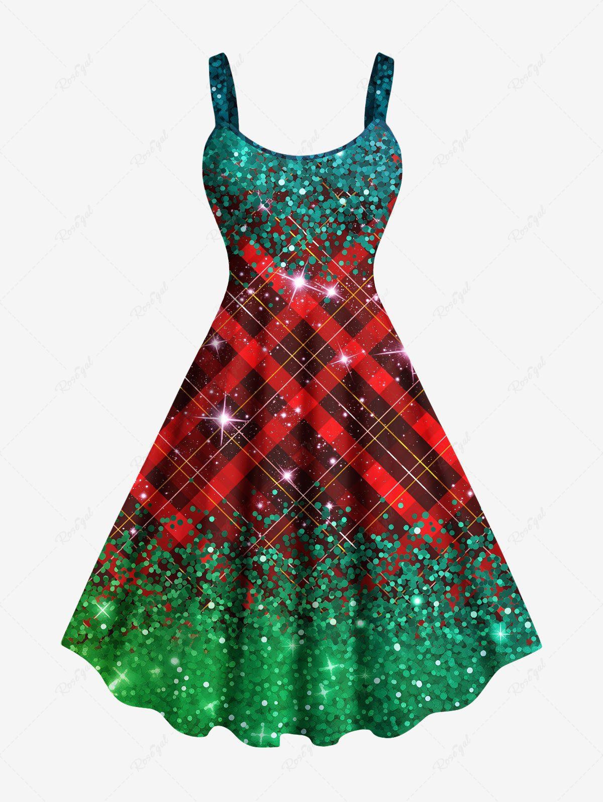 Robe débardeur grande taille à carreaux de Noël, étoiles, paillettes scintillantes, imprimé 3D Vert XS