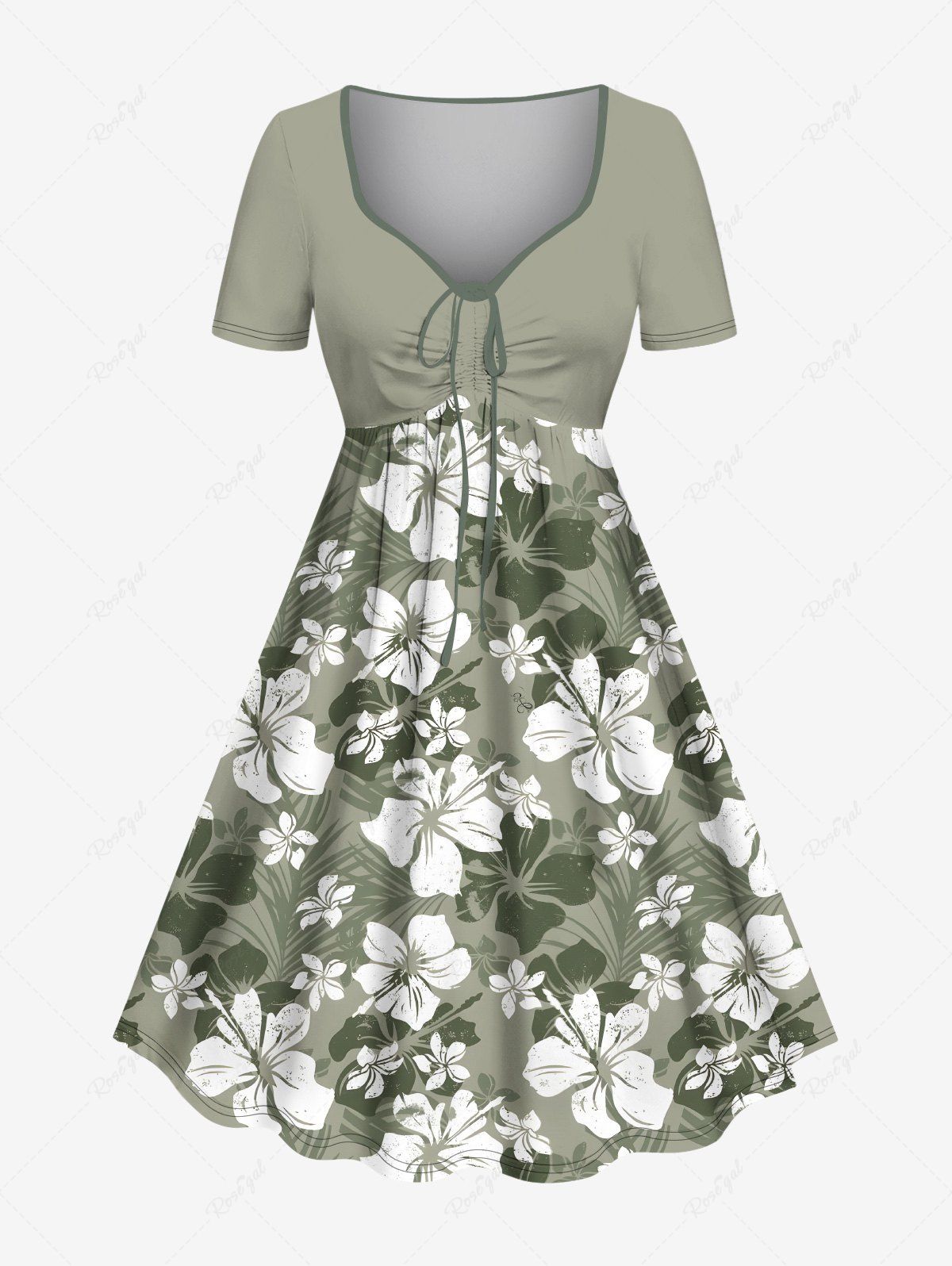 Robe hawaïenne cintrée grande taille à imprimé feuilles et fleurs d'hibiscus Vert clair XXS
