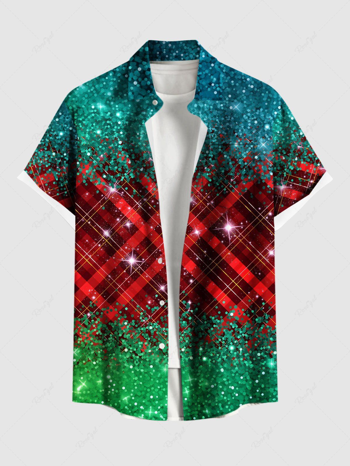Chemise de Noël grande taille à carreaux, étoiles, paillettes scintillantes, imprimé 3D, boutons et poches pour homme Vert S