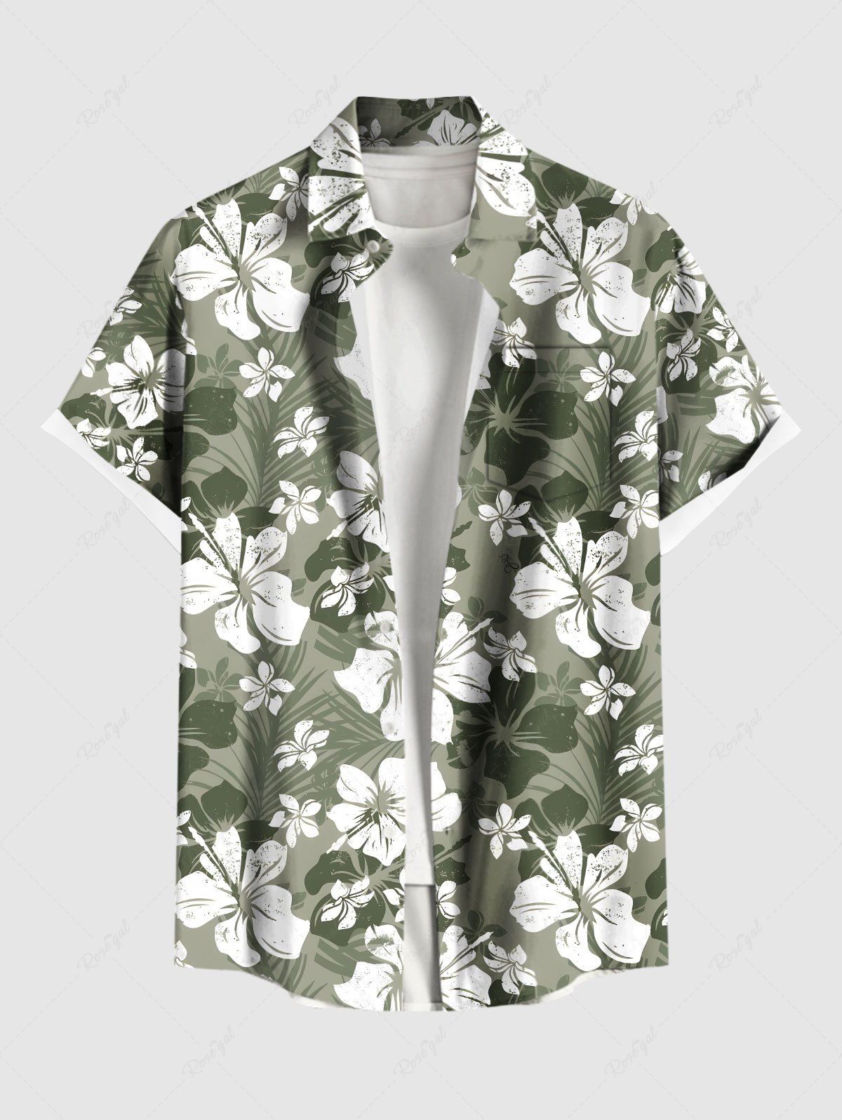 Chemise hawaïenne grande taille à imprimé feuilles d'hibiscus et boutons avec poche pour homme Vert L