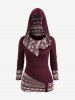 Ethnic Floral Print Asymmetrical Hooded Top and Solid Color Ruffles Waist Pants Plus Size Outfit -  
