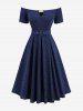 Plus Size Rose Flower Jacquard Embroidery A Line Dress with Removable Belt and Shoulder Strap -  