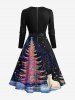 Robe trapèze grande taille à imprimé sapin de Noël, chat, lune, galaxie, paillettes colorées, col festonné, ceinture amovible - Noir L