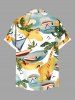 Plus Size Coconut Tree Seascape Bird Print Hawaii Button Pocket Shirt For Men -  