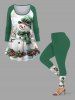 Plus Size Christmas Snowman Holly Print Long Sleeves Women T-shirt -  