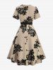 Plus Size Flowers Leaf Print Pocket Dress With Buckle Belt -  