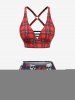 Plus Size Skulls Flowers Leaf Plaid Print Crisscross Cinched Skirt 3 Piece Tankini Swimsuit -  
