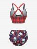 Plus Size Skulls Flowers Leaf Plaid Print Crisscross Cinched Skirt 3 Piece Tankini Swimsuit -  