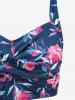 Plus Size Flower Print Crossover Cinched Tankini Swimsuit (Adjustable Shoulder Strap) - Bleu Marine 3X | US 22-24