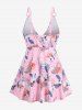 Plus Size Tropical Leaf Hibiscus Flower Print Hawaii Tied Boyleg Tankini Swimsuit (Adjustable Shoulder Strap) -  