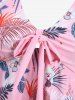 Plus Size Tropical Leaf Hibiscus Flower Print Hawaii Tied Boyleg Tankini Swimsuit (Adjustable Shoulder Strap) -  