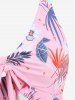 Plus Size Tropical Leaf Hibiscus Flower Print Hawaii Tied Boyleg Tankini Swimsuit (Adjustable Shoulder Strap) -  