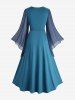 Plus Size Chiffon Textured Flare Sleeve Lace Up Two Tone A Line Dress with Removable Belt -  
