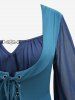Plus Size Chiffon Textured Flare Sleeve Lace Up Two Tone A Line Dress with Removable Belt -  