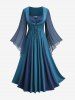 Plus Size Chiffon Textured Flare Sleeve Lace Up Two Tone A Line Dress with Removable Belt -  