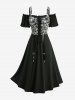Plus Size Skulls Print Grommets Lace Up Ruffles Cold Shoulder High Low Dress -  