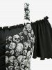 Plus Size Skulls Print Grommets Lace Up Ruffles Cold Shoulder High Low Dress -  
