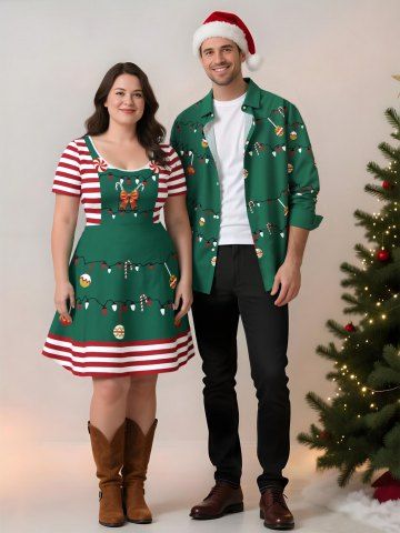 Christmas Light Candy Bowknot Stripes Print Plus Size Matching Outfit For Couples - GREEN