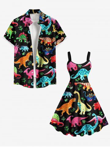 Colorful Dinosaur Leaf Print Plus Size Matching Hawaii Beach Outfit For Couples