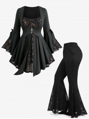 Flowers Print Spider Shaped Zipper Bowknot Flare Sleeve 2 In 1 Top and Floral Lace Flare Pants Plus Size Outfit - BLACK