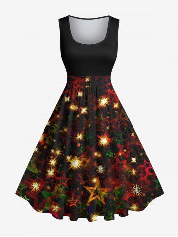 Plus Size Christmas Light Star Glitter 3D Print 1950s Vintage Dress - BLACK - XXS