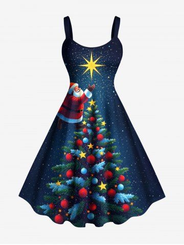 Plus Size Christmas Tree Ball Star Santa Claus Print Tank Dress - MIDNIGHT BLUE - XXS