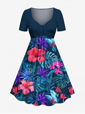 Plus Size Hibiscus Flowers Tropical Leaf Print Cinched Hawaii Dress - NAVY BLUE - S