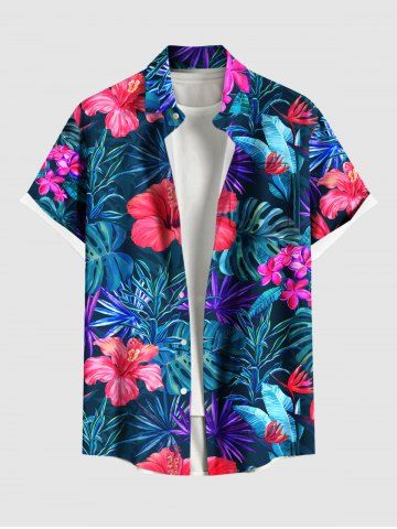 Plus Size Hibiscus Flowers Tropical Leaf Print Buttons Pocket Hawaii Shirt For Men - NAVY BLUE - 4XL