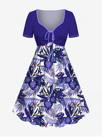 Plus Size Flowers Tropical Leaf Print Cinched Hawaii Dress - PURPLE - 2X