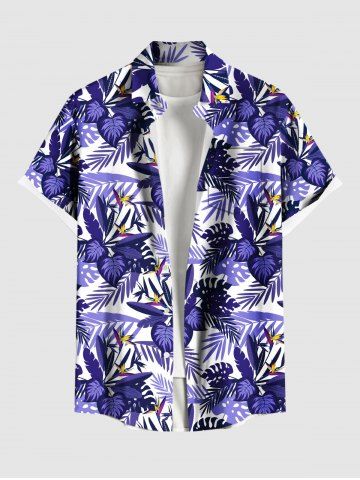 Plus Size Flowers Tropical Leaf Print Buttons Pocket Hawaii Shirt For Men - PURPLE - L
