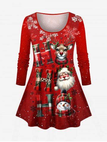 Plus Size Christmas Santa Claus Snowman Snowflake Elk Print Long Sleeves T-shirt - RED - S