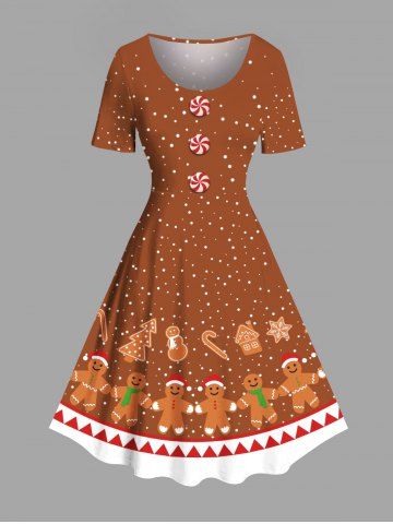 Plus Size Christmas Gingerbread Tree Snowman Snowflake Candy Print Vintage Dress - LIGHT BROWN - M