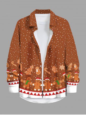 Plus Size Christmas Gingerbread Tree Snowman Snowflake Candy Print Buttons Pocket Long Sleeves Shirt For Men - LIGHT BROWN - 2XL