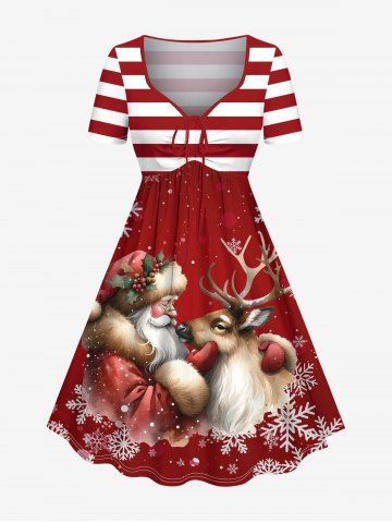 Plus Size Christmas Santa Claus Snowflake Elk Stripes Print Cinched Dress - RED - 4X