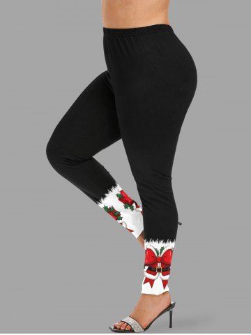 Plus Size Christmas Bowknot Holly Print Leggings - BLACK - 6X