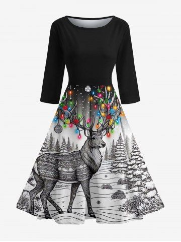 Colorful Christmas Light Elk Tree Ball Galaxy Print Midi 50's Vintage Dress - BLACK - 2XL