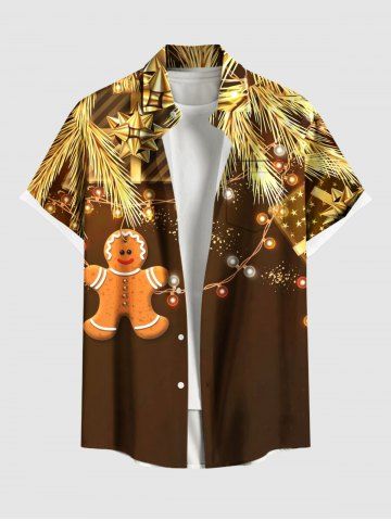Plus Size Christmas Tree Gift Light Gingerbread Print Button Pocket Shirt For Men