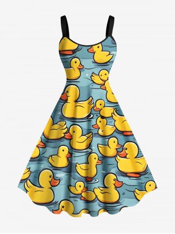 Plus Size Cute Duck Pond Print Hawaii A Line Dress - SKY BLUE - 4X