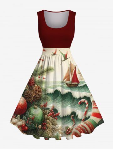 Plus Size Christmas Holly Candy Sea Waves Sailboat Print Cruise Vintage Swing A Line Dress - RED - S