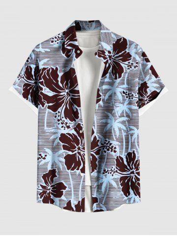 Plus Size Coconut Tree Hibiscus Flower Print Hawaii Button Pocket Shirt For Men - POWDER BLUE - 6XL