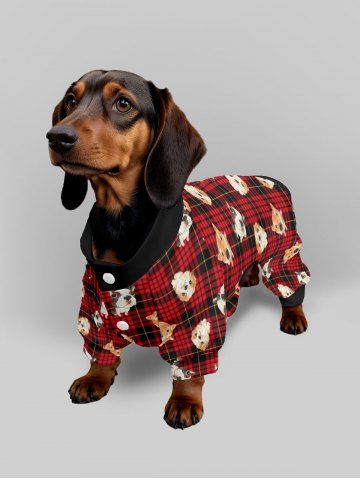 Pet's Cute Dog Plaid Print Button Pajama - RED - L