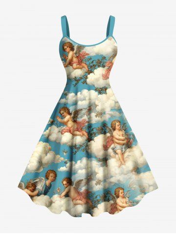 Plus Size Cloud Sky Cupid Print Hawaii A Line Tank Dress - SKY BLUE - XXS